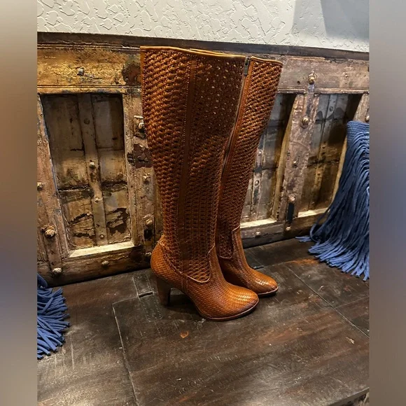 Tan Woven Knee-High Boots - Picture 3 of 7